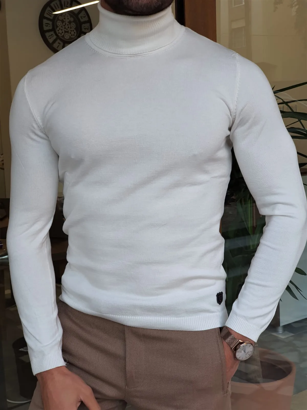 Harrison Slim Fit Ecru Turtleneck Woolen  Knitwear