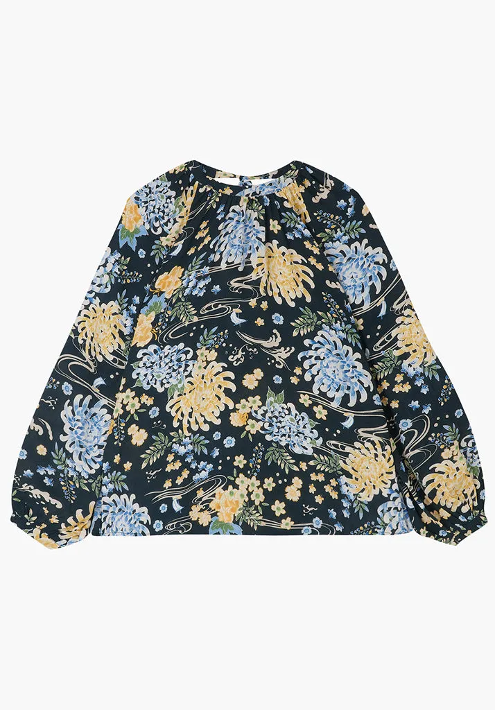 Helena Bow Detail Kyoto Floral Print Blouse In Navy