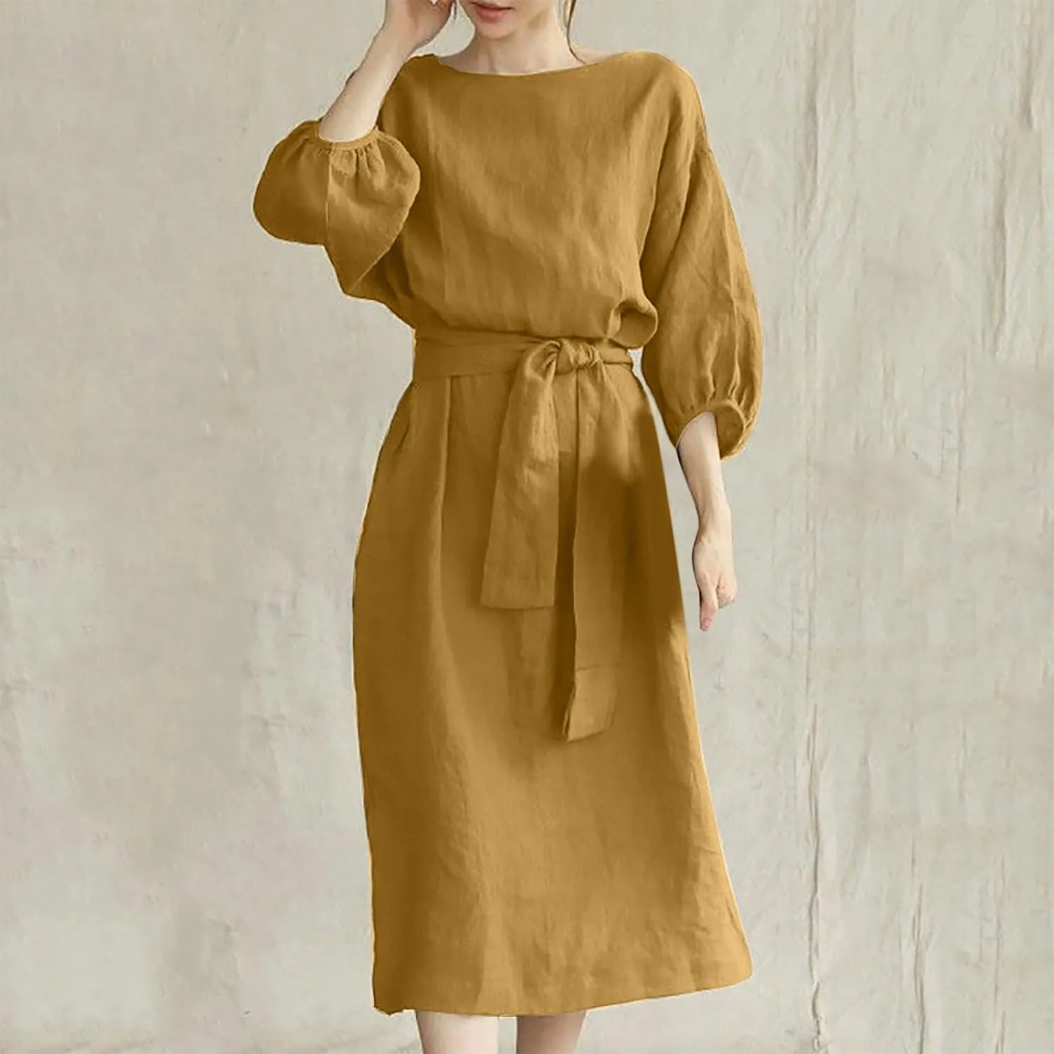 hlysgo Holiday Dresses for Women 2025 Plus Size Half Sleeve Crew Neck Midi Dress Summer Tie-Belt Cotton Linen Casual Dress