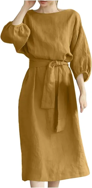 hlysgo Holiday Dresses for Women 2025 Plus Size Half Sleeve Crew Neck Midi Dress Summer Tie-Belt Cotton Linen Casual Dress