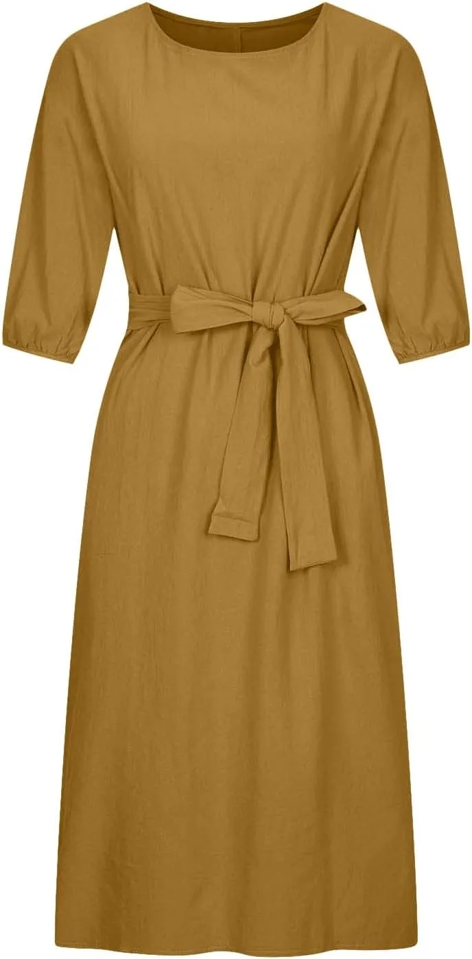 hlysgo Holiday Dresses for Women 2025 Plus Size Half Sleeve Crew Neck Midi Dress Summer Tie-Belt Cotton Linen Casual Dress
