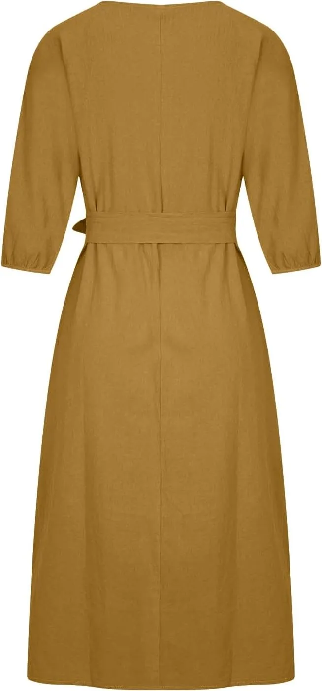 hlysgo Holiday Dresses for Women 2025 Plus Size Half Sleeve Crew Neck Midi Dress Summer Tie-Belt Cotton Linen Casual Dress