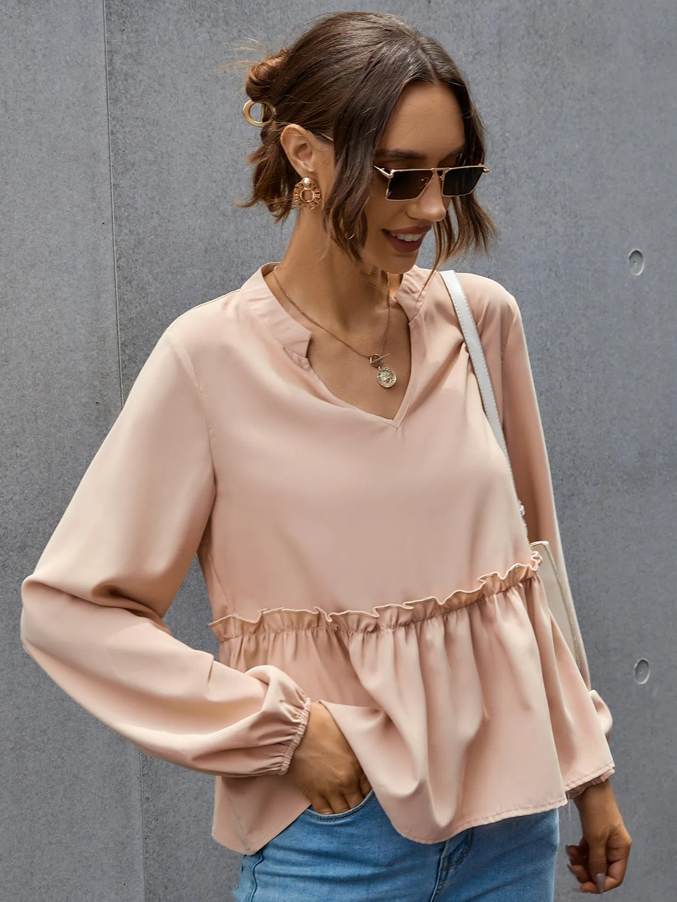 KittenAlarm - Notched Neck Lettuce Trim Blouse
