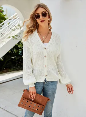 Knitwear Solid Color Button Wooden Ear Sweater