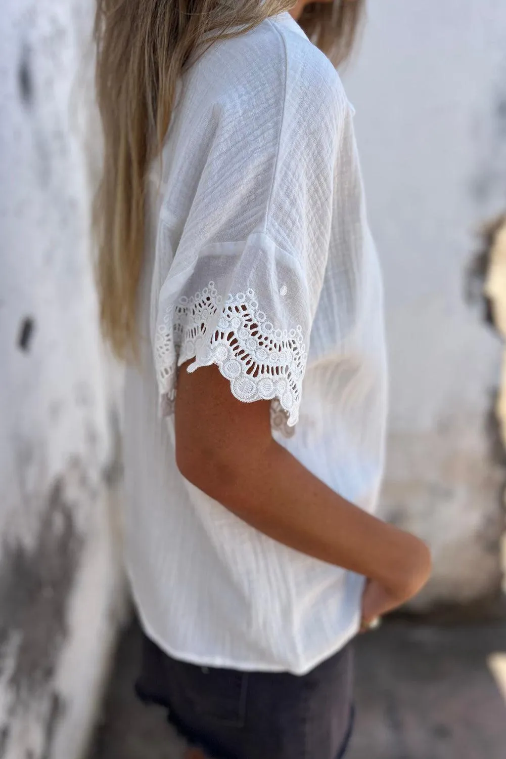 Laid-Back Feels Lace Short Sleeve Collared Blouse