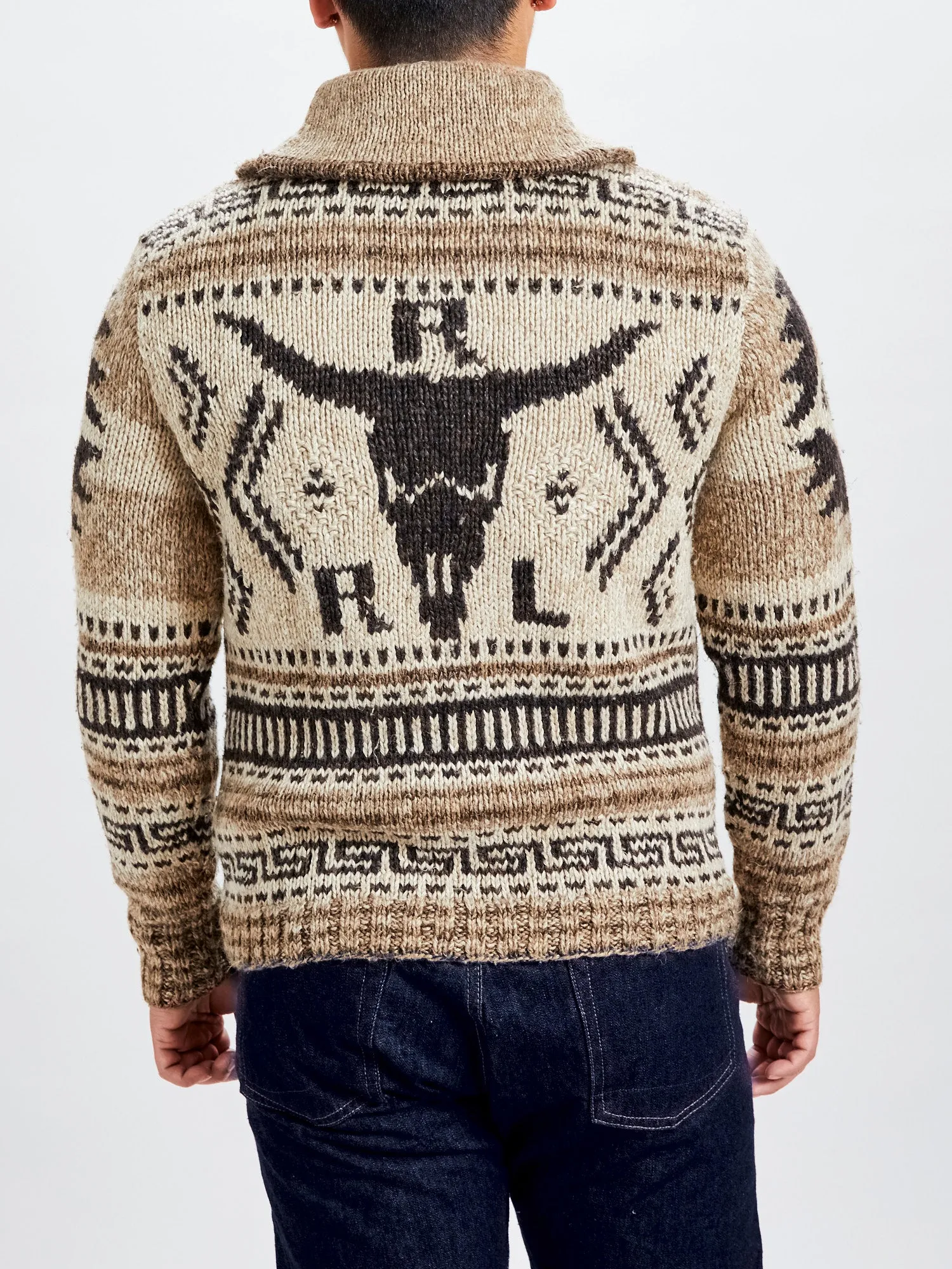 Linen-Silk Shawl Collar Cardigan in Brown Tan Multi