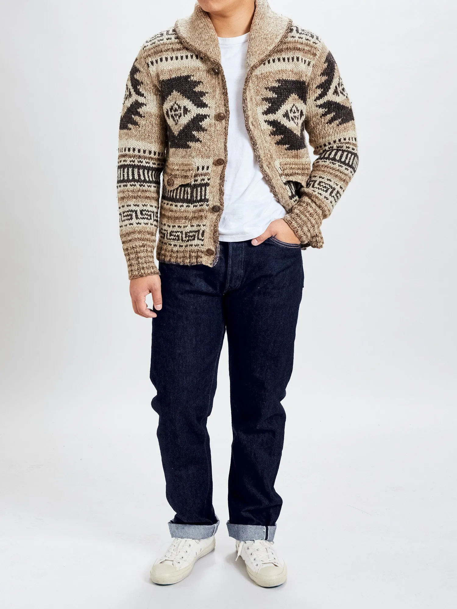 Linen-Silk Shawl Collar Cardigan in Brown Tan Multi
