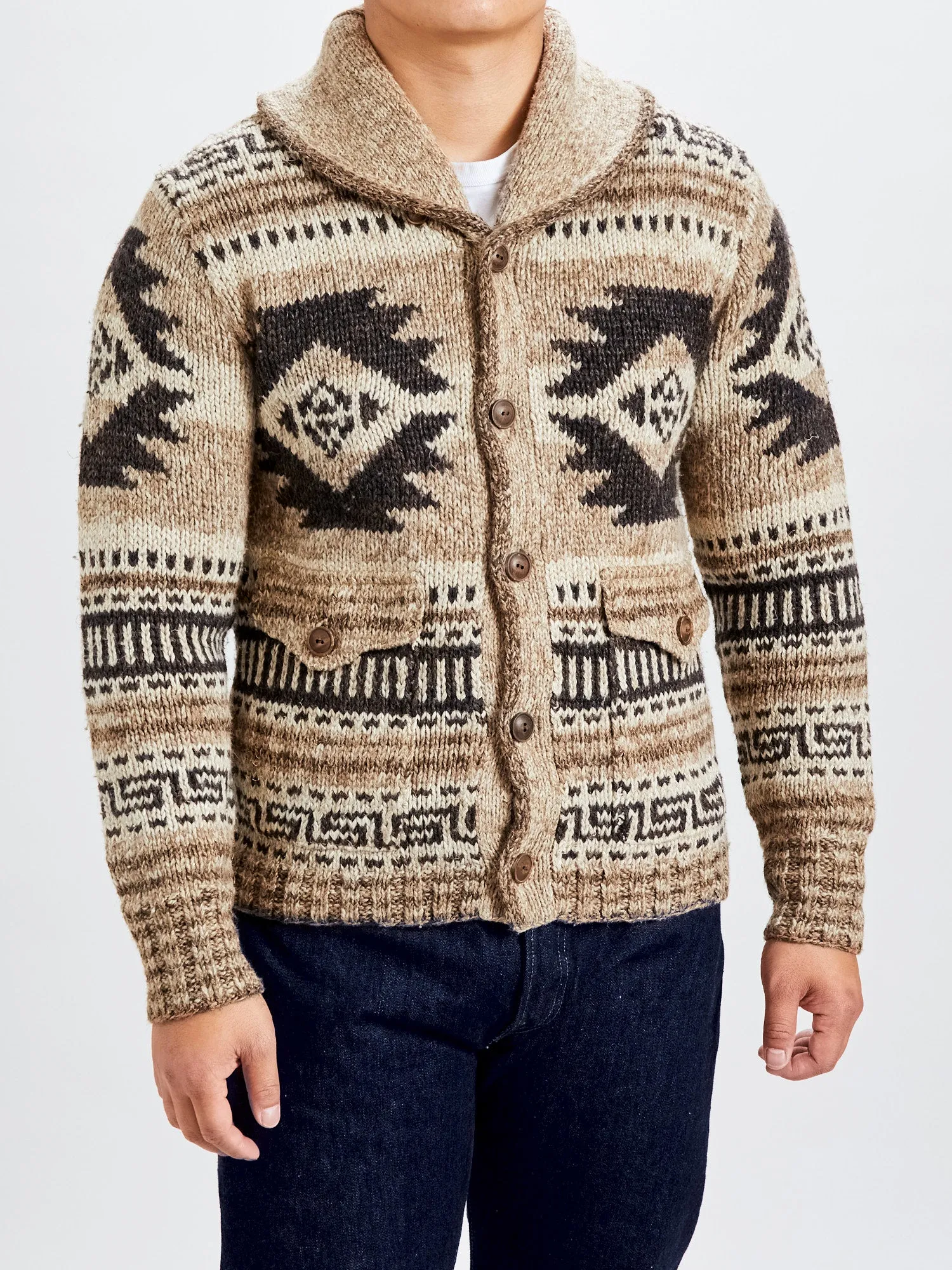 Linen-Silk Shawl Collar Cardigan in Brown Tan Multi