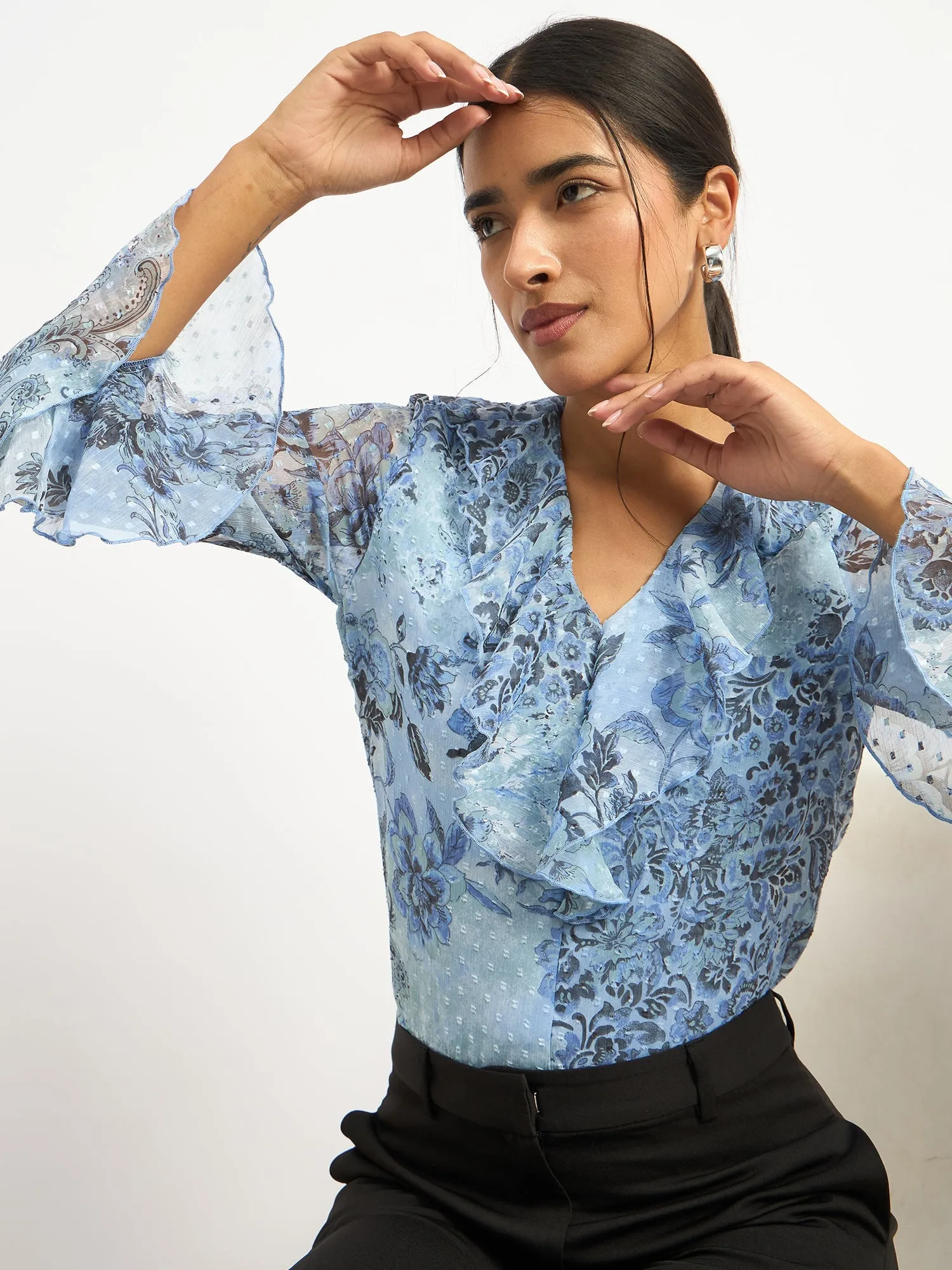 Liora V-Neck Ruffle Top-Blue