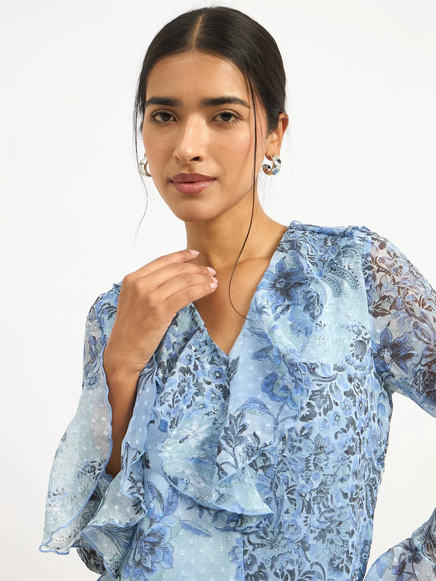 Liora V-Neck Ruffle Top-Blue