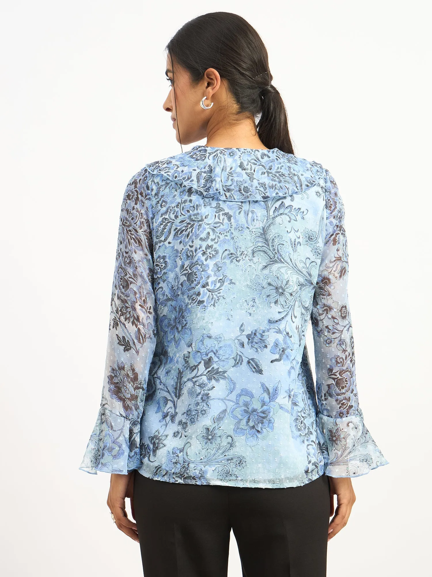 Liora V-Neck Ruffle Top-Blue