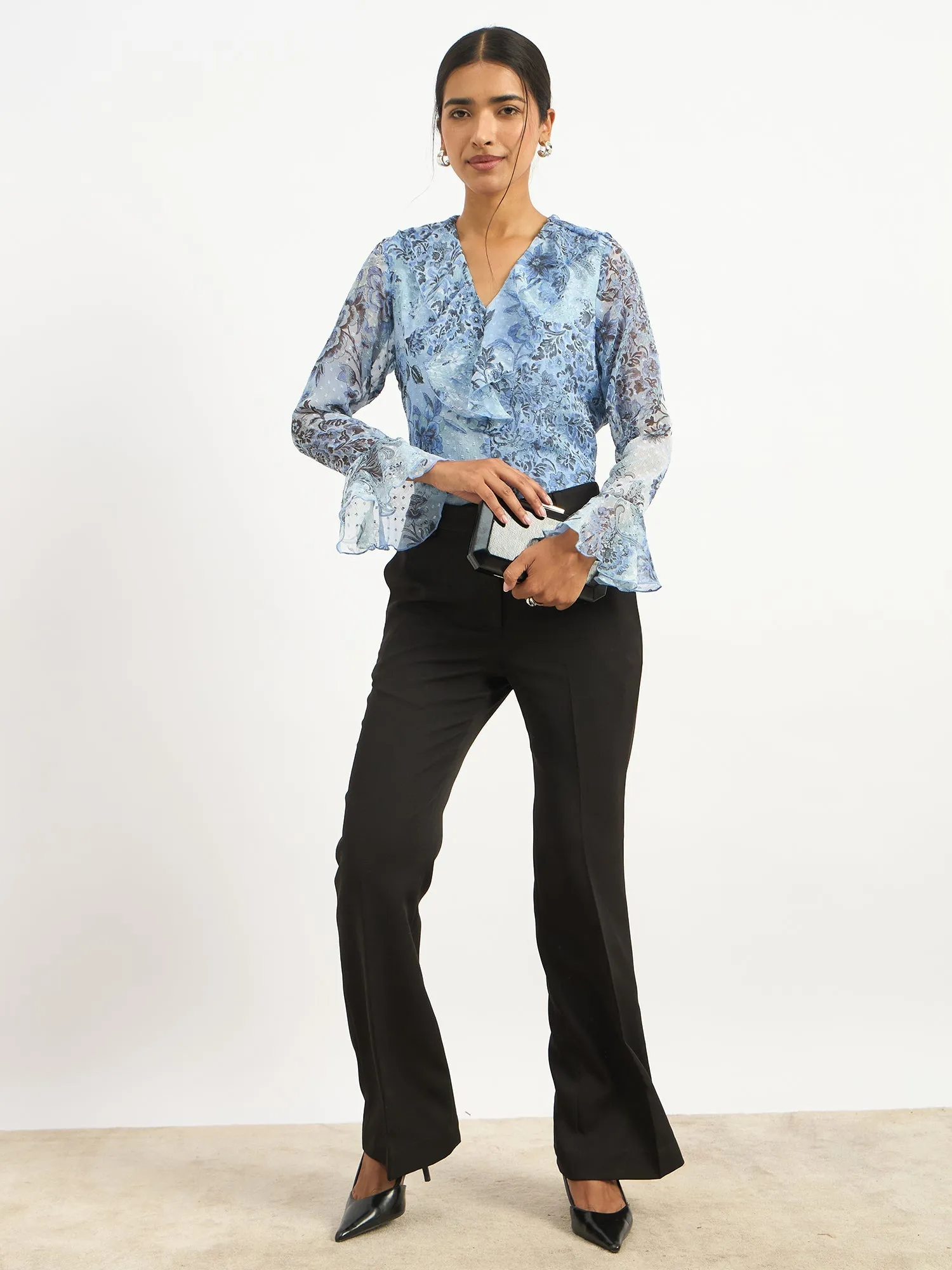 Liora V-Neck Ruffle Top-Blue