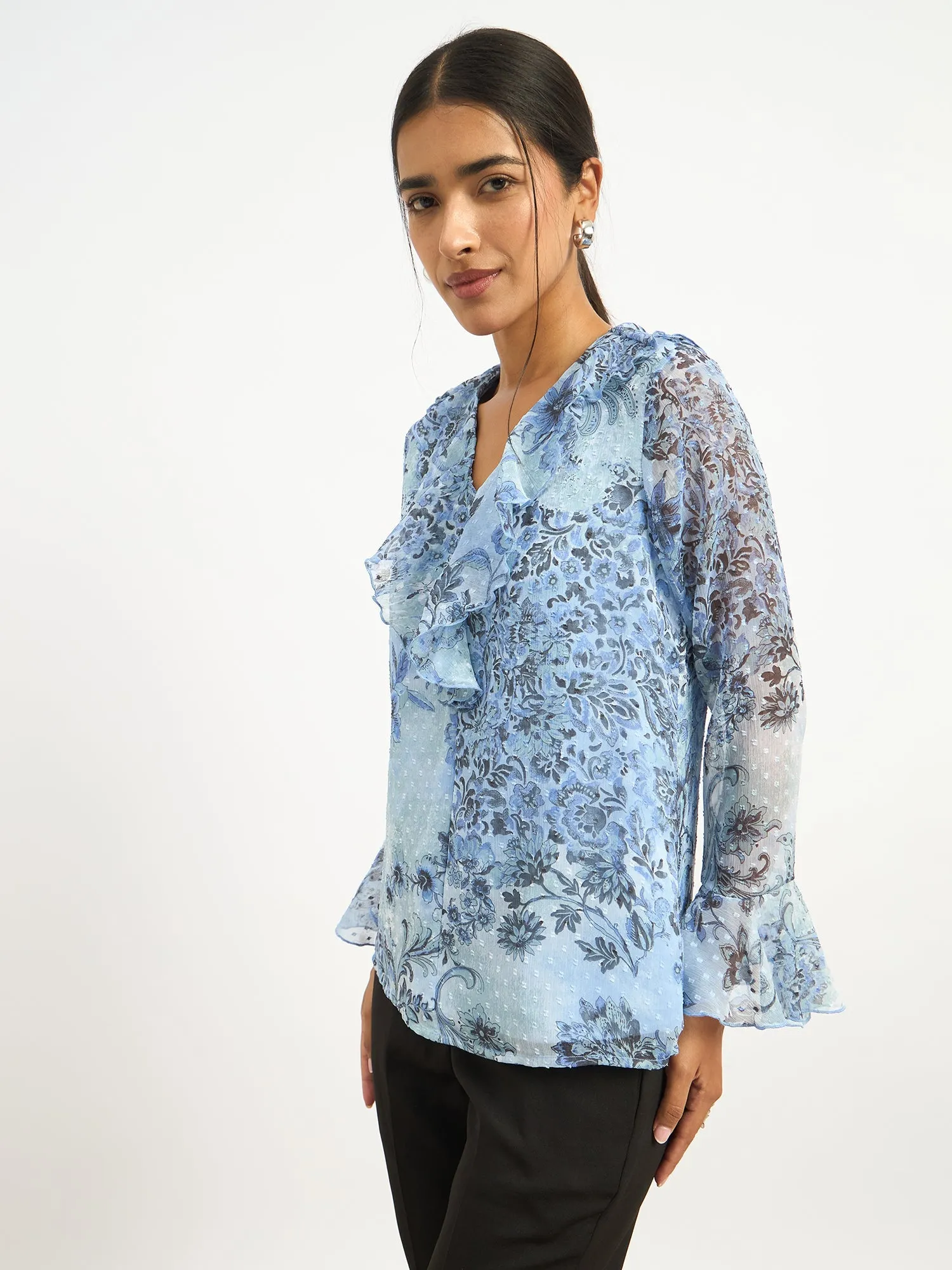 Liora V-Neck Ruffle Top-Blue