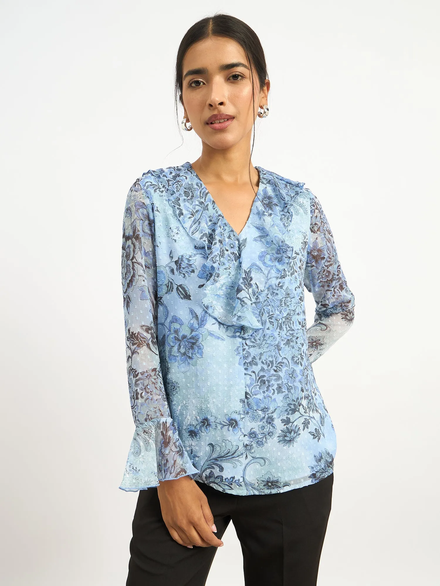 Liora V-Neck Ruffle Top-Blue