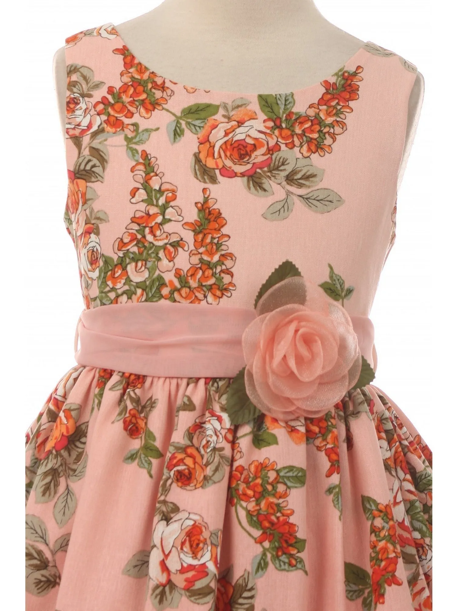 Little Girls Blush Flower Print Linen Sleeveless Easter Dress 2-6