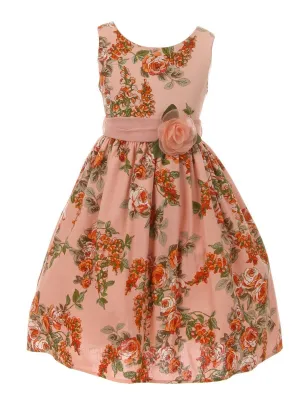 Little Girls Blush Flower Print Linen Sleeveless Easter Dress 2-6