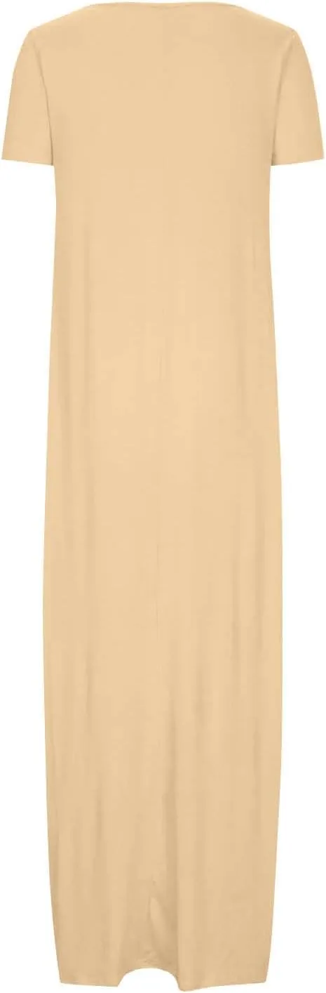 Long Dresses for Women Trendy Solid Round Neck Short Sleeve Maxi Dress Beach Vacation Plus Size Dress with Pockets