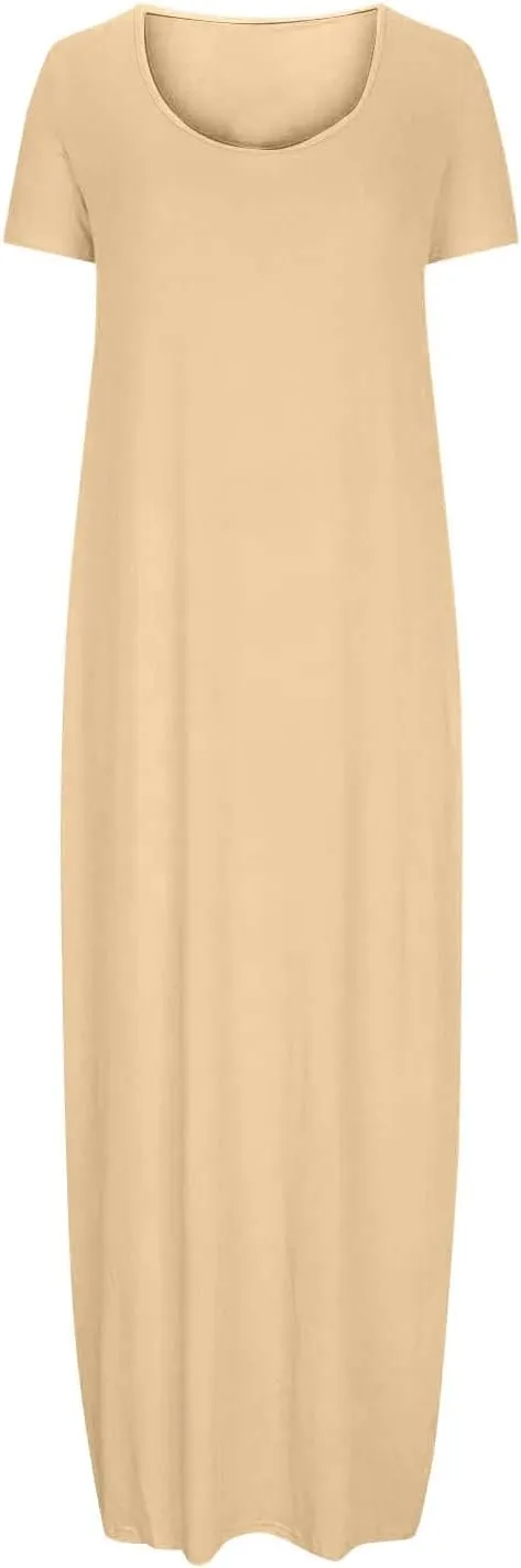 Long Dresses for Women Trendy Solid Round Neck Short Sleeve Maxi Dress Beach Vacation Plus Size Dress with Pockets