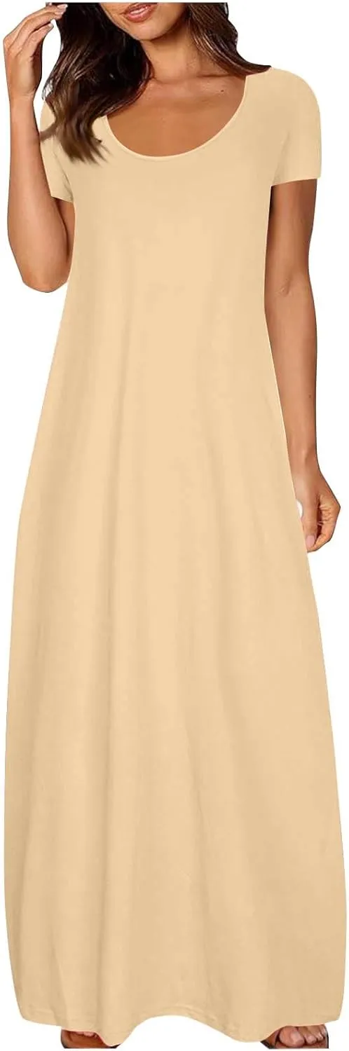 Long Dresses for Women Trendy Solid Round Neck Short Sleeve Maxi Dress Beach Vacation Plus Size Dress with Pockets