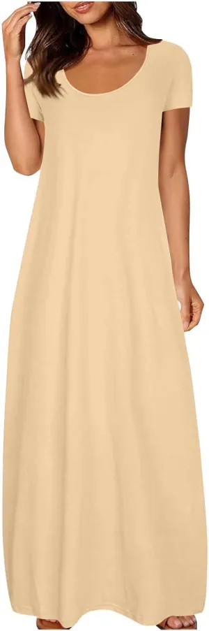 Long Dresses for Women Trendy Solid Round Neck Short Sleeve Maxi Dress Beach Vacation Plus Size Dress with Pockets