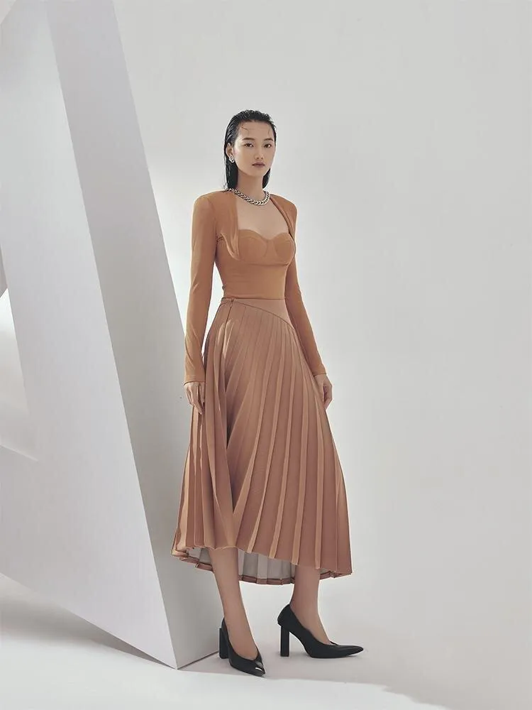 Long-sleeved tops autumn and winter high-waist pleated skirts slim two-piece suit - Quinn