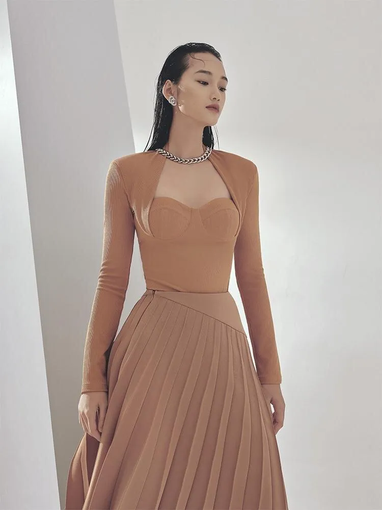 Long-sleeved tops autumn and winter high-waist pleated skirts slim two-piece suit - Quinn
