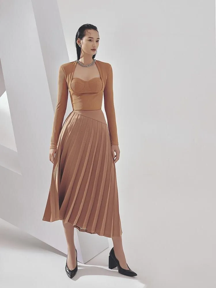 Long-sleeved tops autumn and winter high-waist pleated skirts slim two-piece suit - Quinn