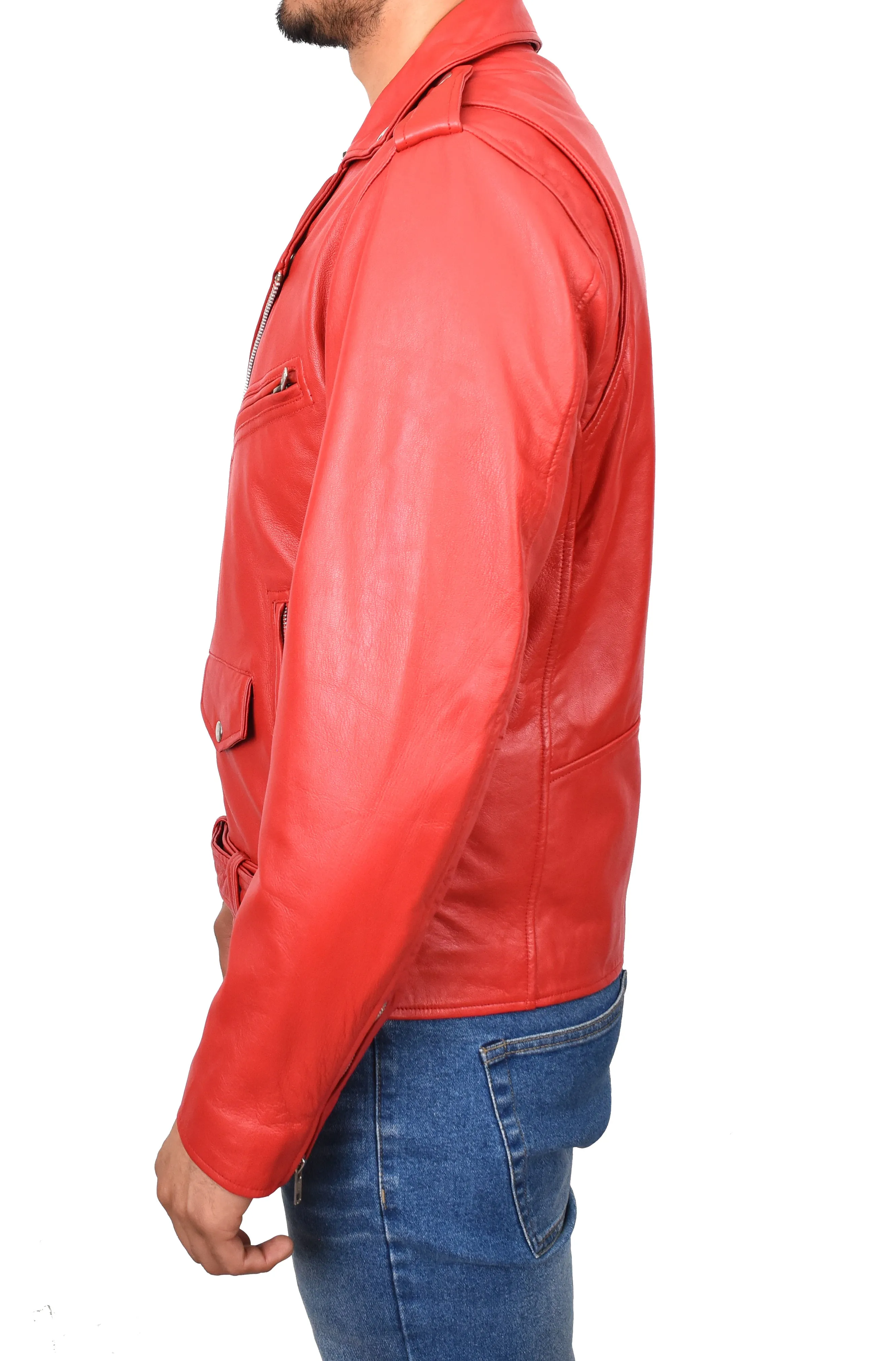 Men's Brando Biker Real Leather Zip Jacket Red Razzel