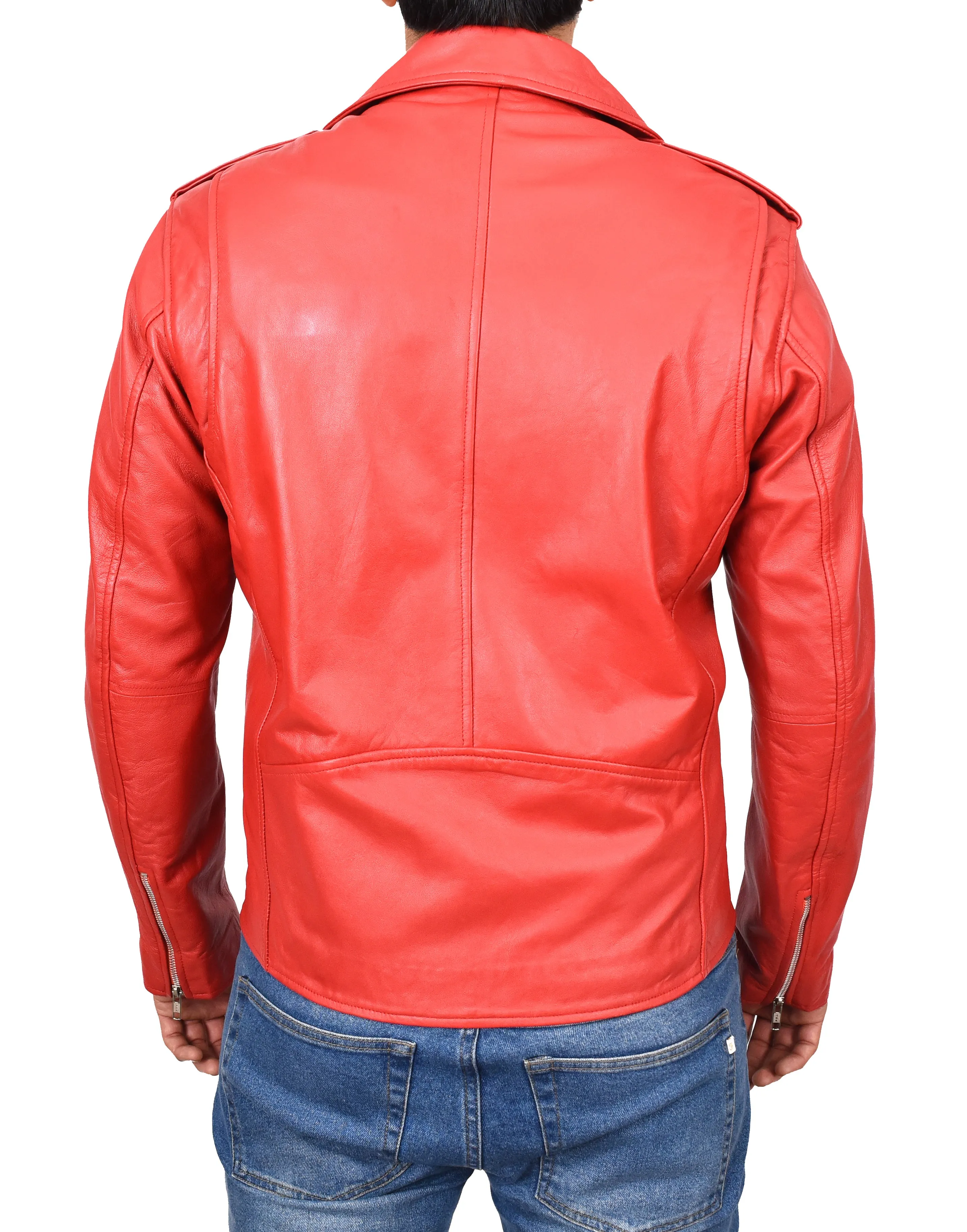 Men's Brando Biker Real Leather Zip Jacket Red Razzel