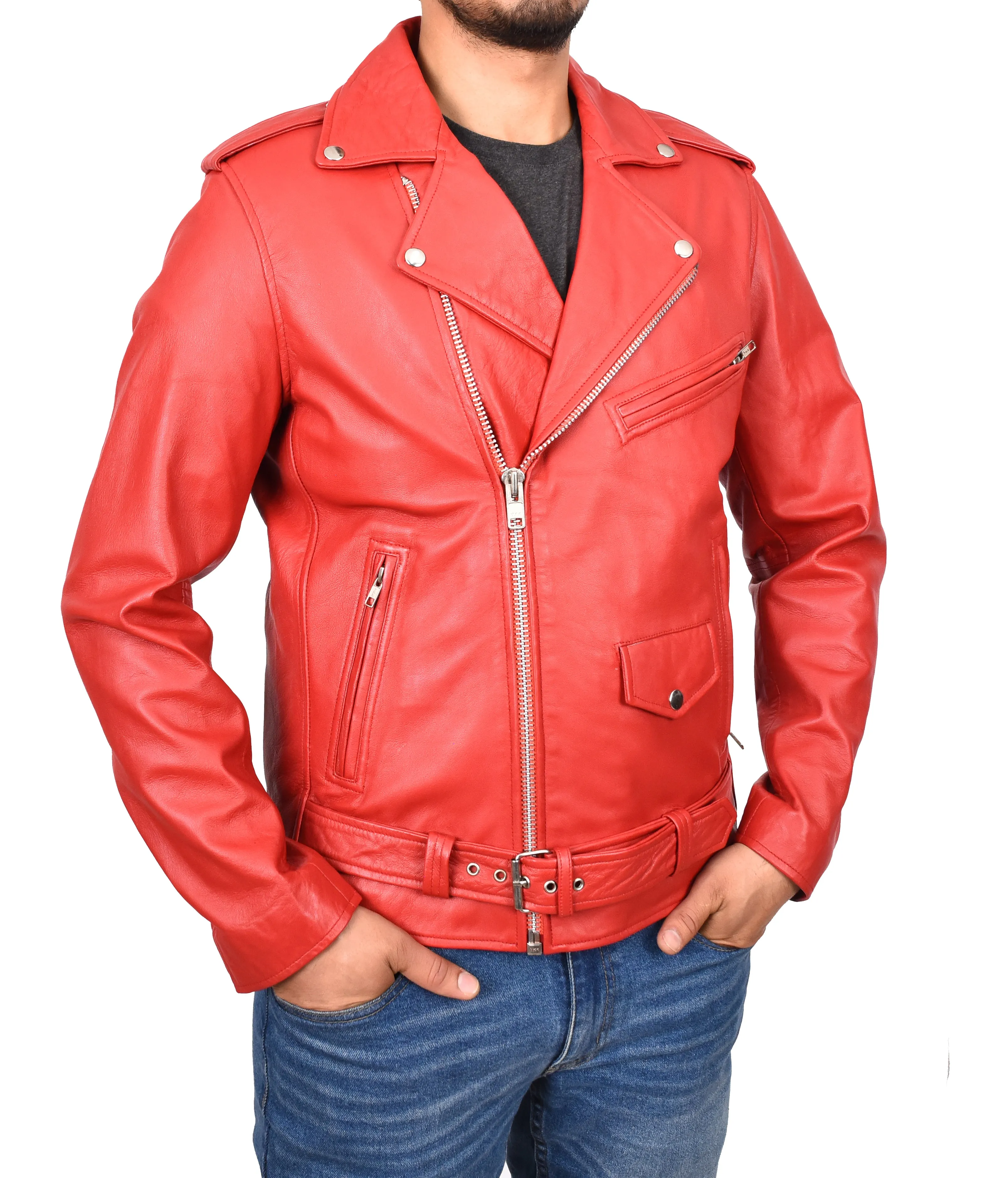 Men's Brando Biker Real Leather Zip Jacket Red Razzel