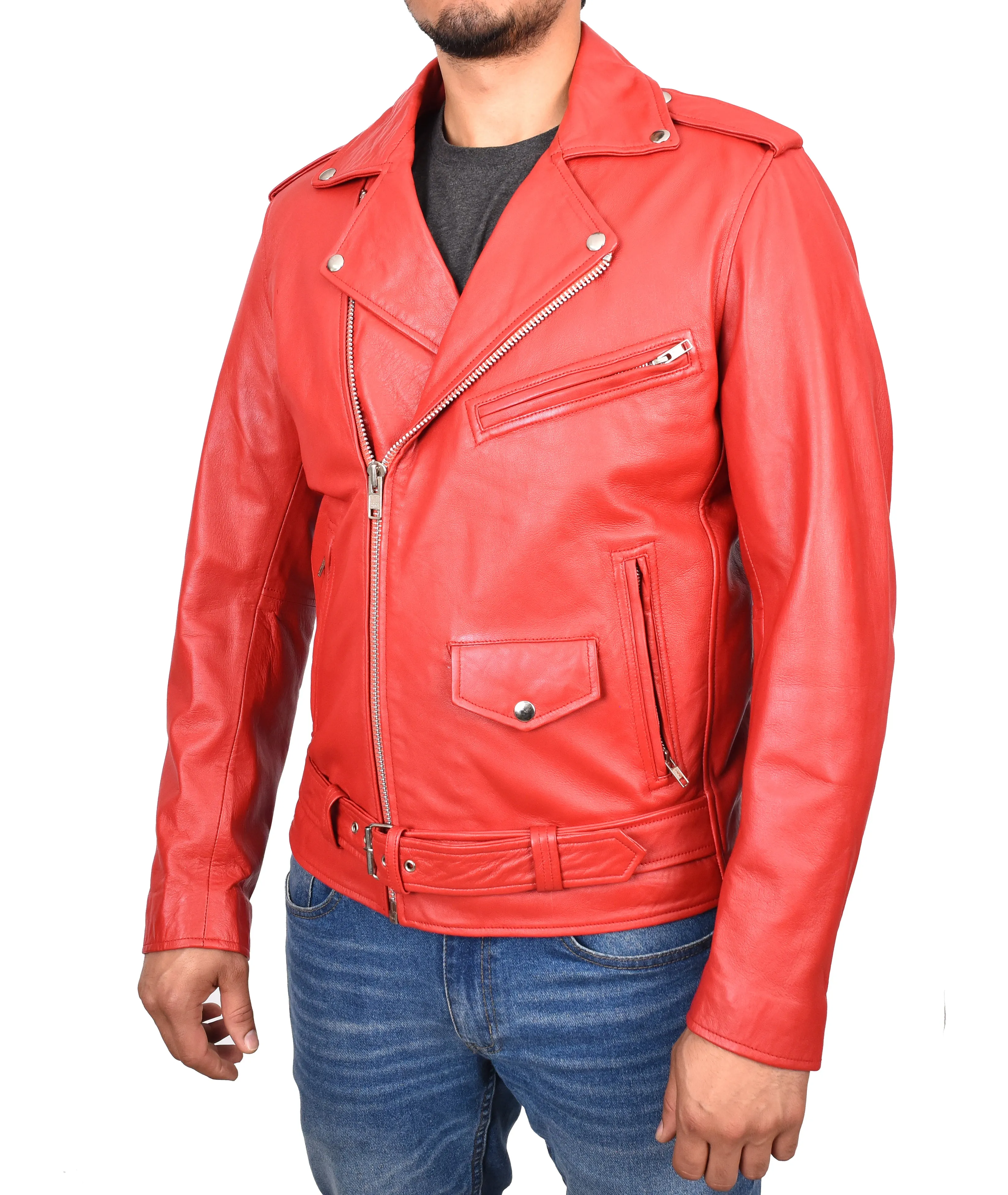 Men's Brando Biker Real Leather Zip Jacket Red Razzel