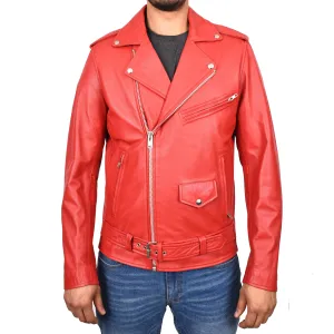 Men's Brando Biker Real Leather Zip Jacket Red Razzel