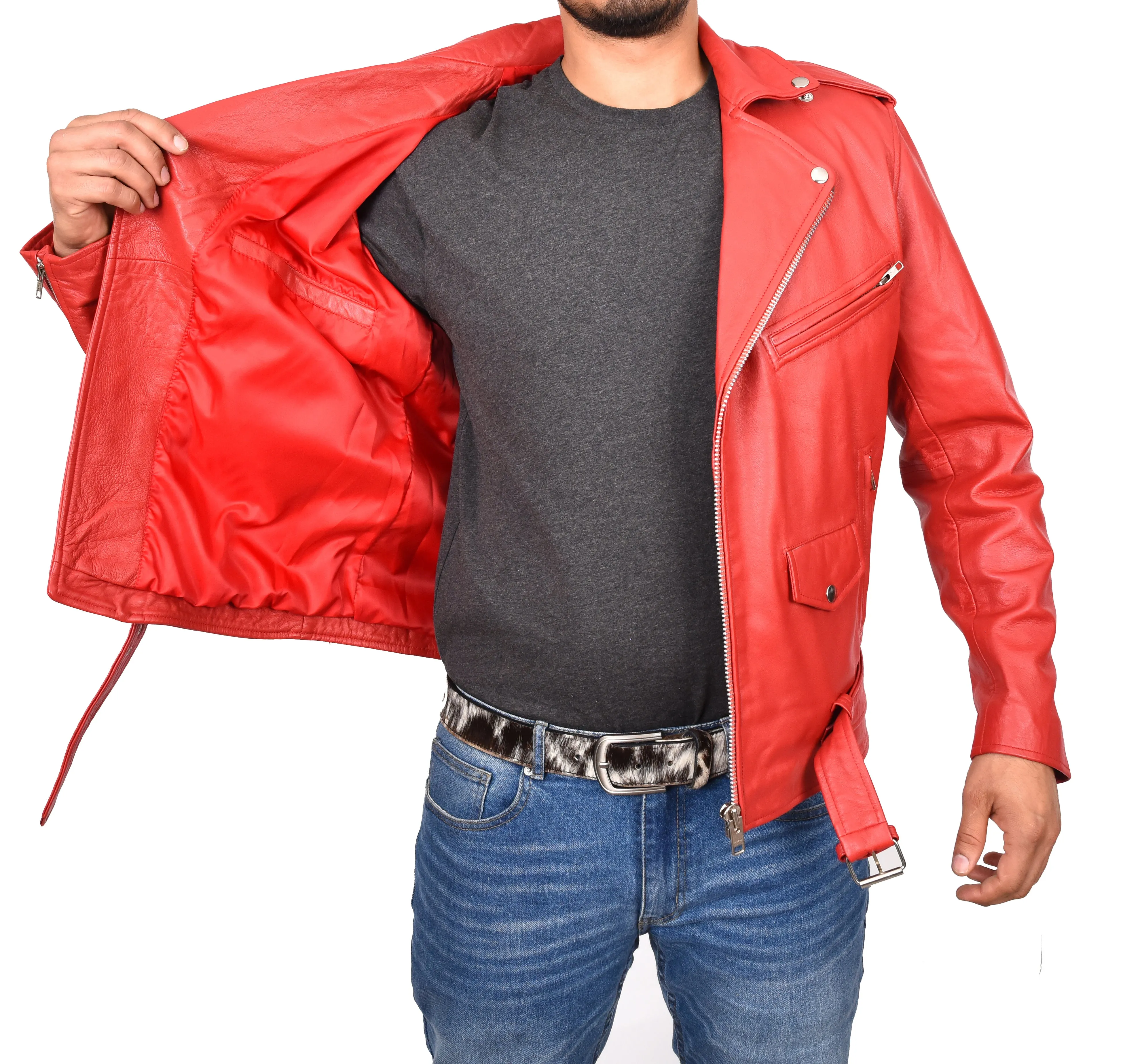 Men's Brando Biker Real Leather Zip Jacket Red Razzel
