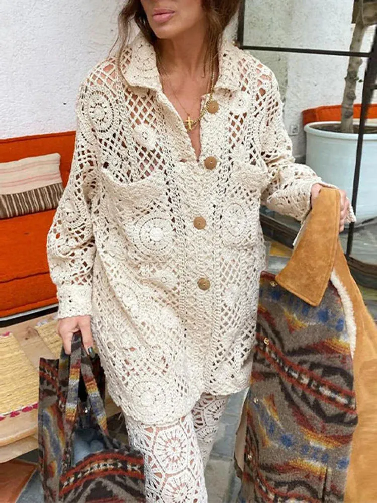 Metaversmall Casual Hollow Out  Loose Shirts For Women For Women Lapel Long Sleeve Patchwork Button Minimalist Cjic Blouses Female New