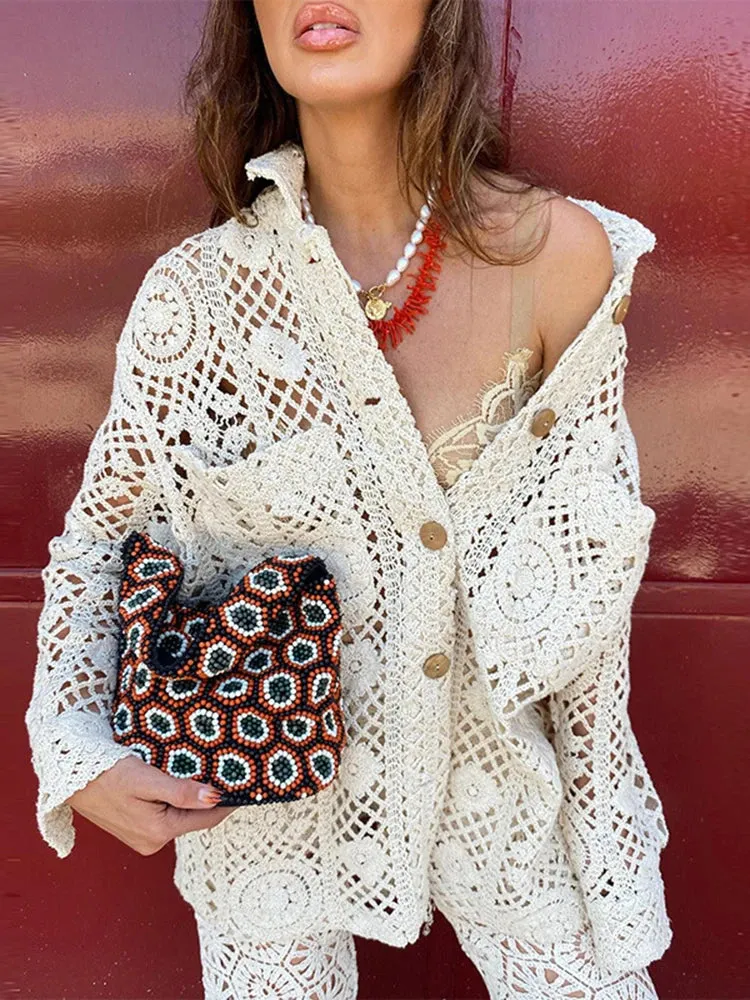 Metaversmall Casual Hollow Out  Loose Shirts For Women For Women Lapel Long Sleeve Patchwork Button Minimalist Cjic Blouses Female New
