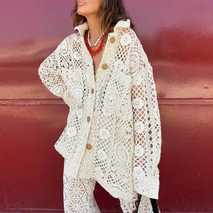 Metaversmall Casual Hollow Out  Loose Shirts For Women For Women Lapel Long Sleeve Patchwork Button Minimalist Cjic Blouses Female New