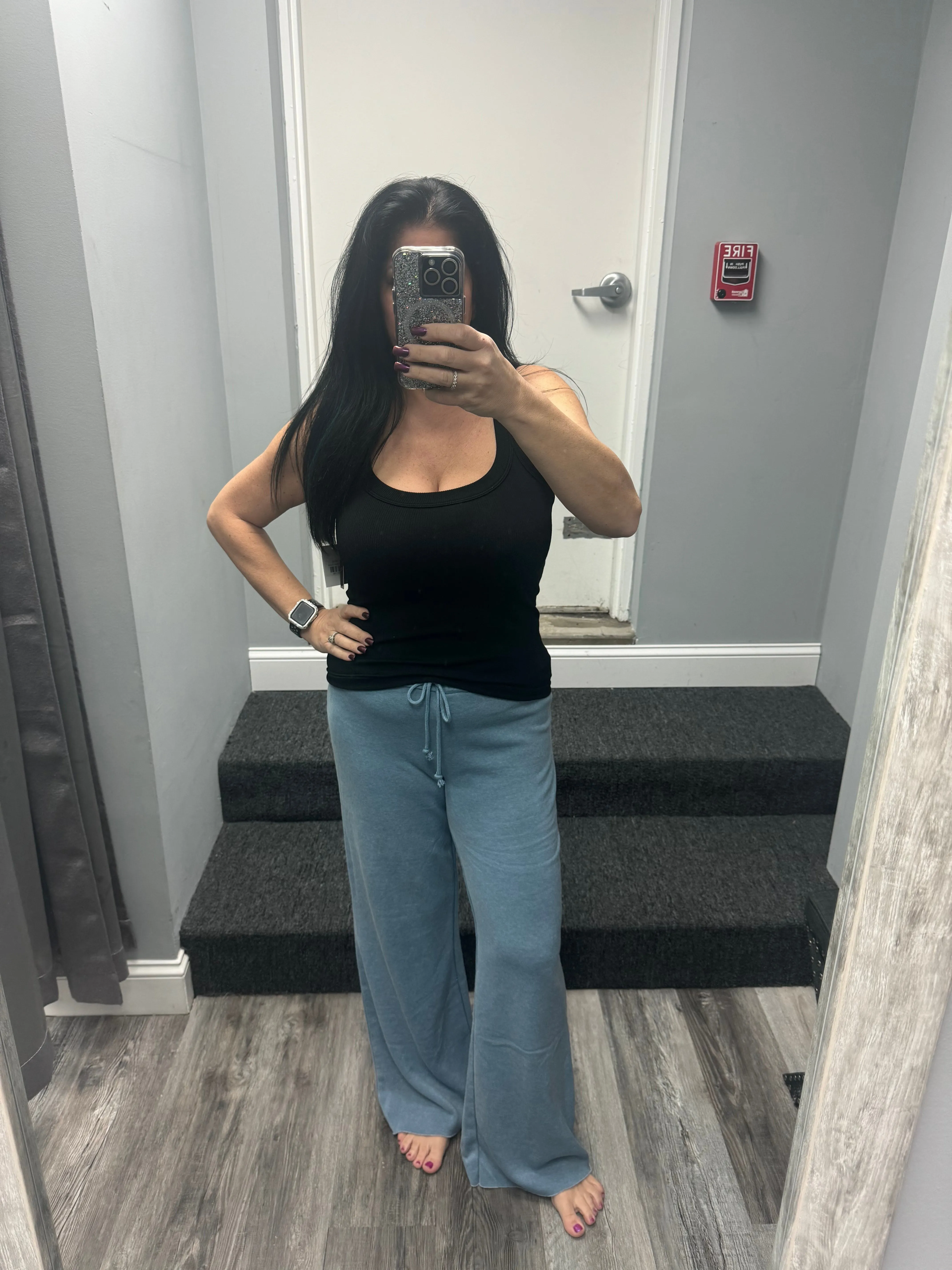 MID RISE DRAWSTRING FLARED PANTS - GREY BLUE
