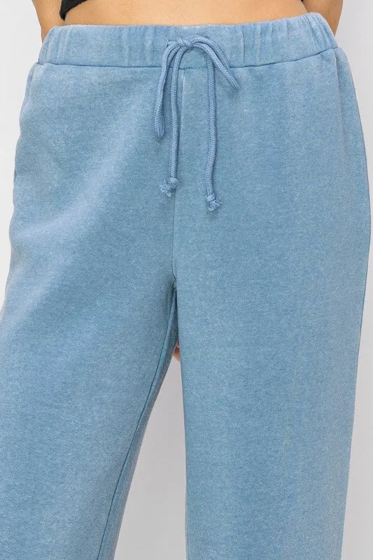 MID RISE DRAWSTRING FLARED PANTS - GREY BLUE