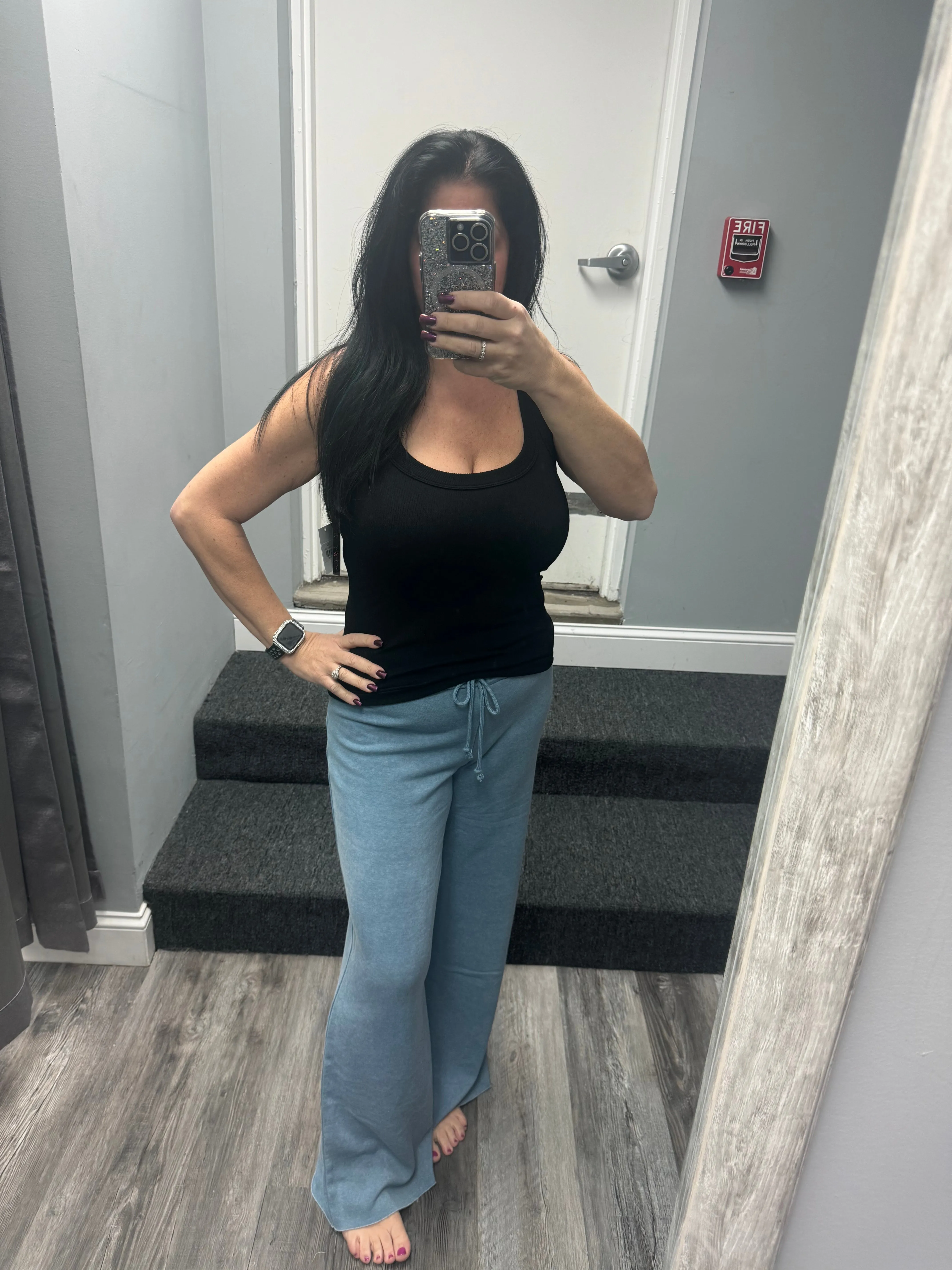 MID RISE DRAWSTRING FLARED PANTS - GREY BLUE