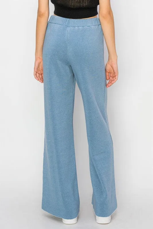 MID RISE DRAWSTRING FLARED PANTS - GREY BLUE