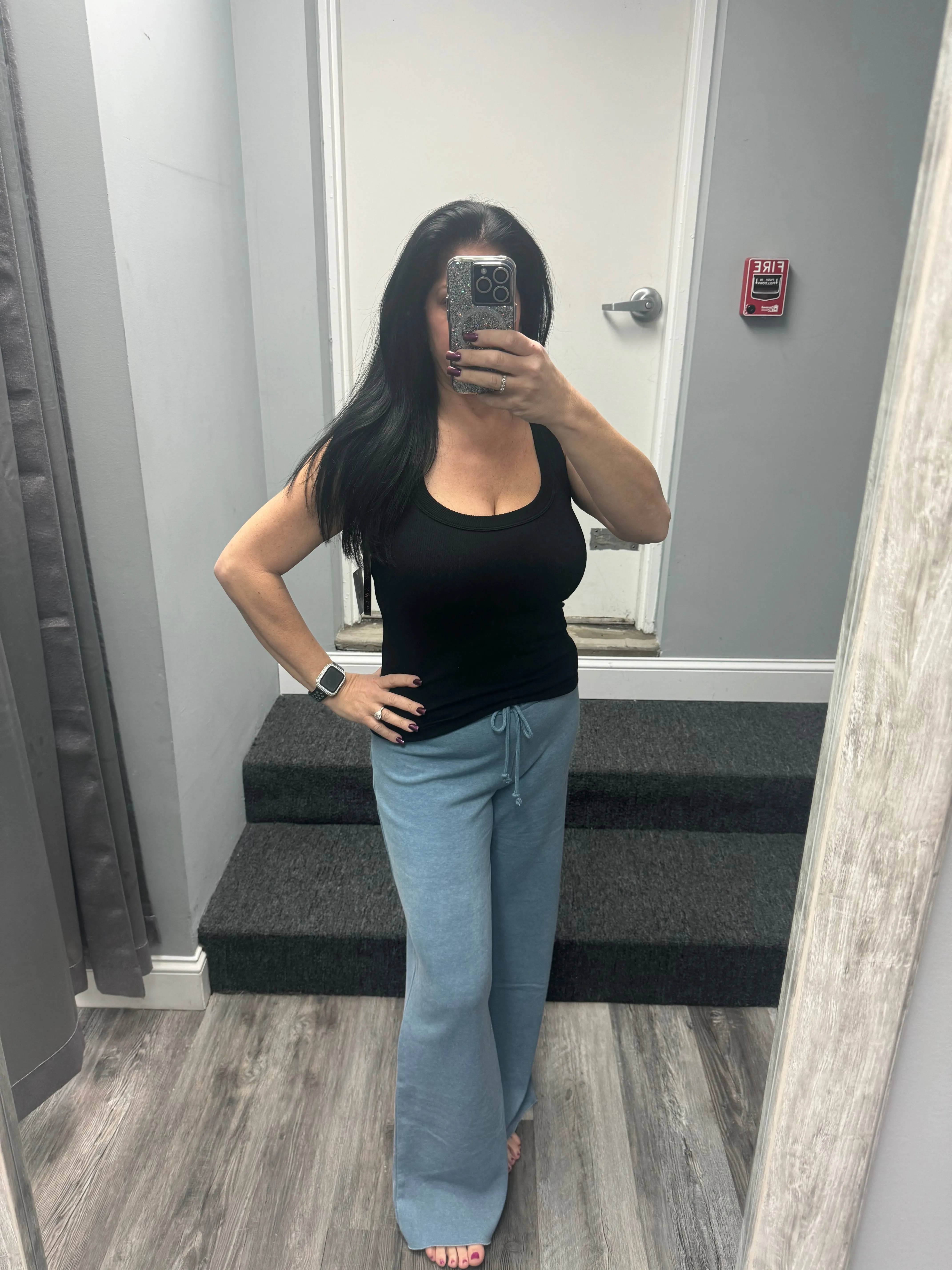 MID RISE DRAWSTRING FLARED PANTS - GREY BLUE