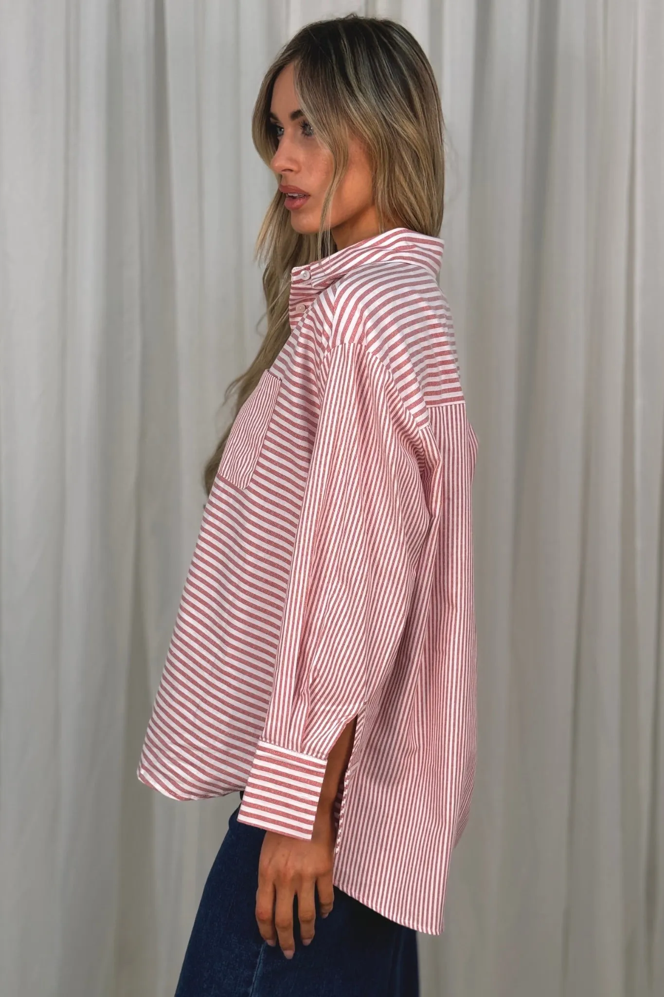 Millie Cuff Detail Stripe Shirt In Red