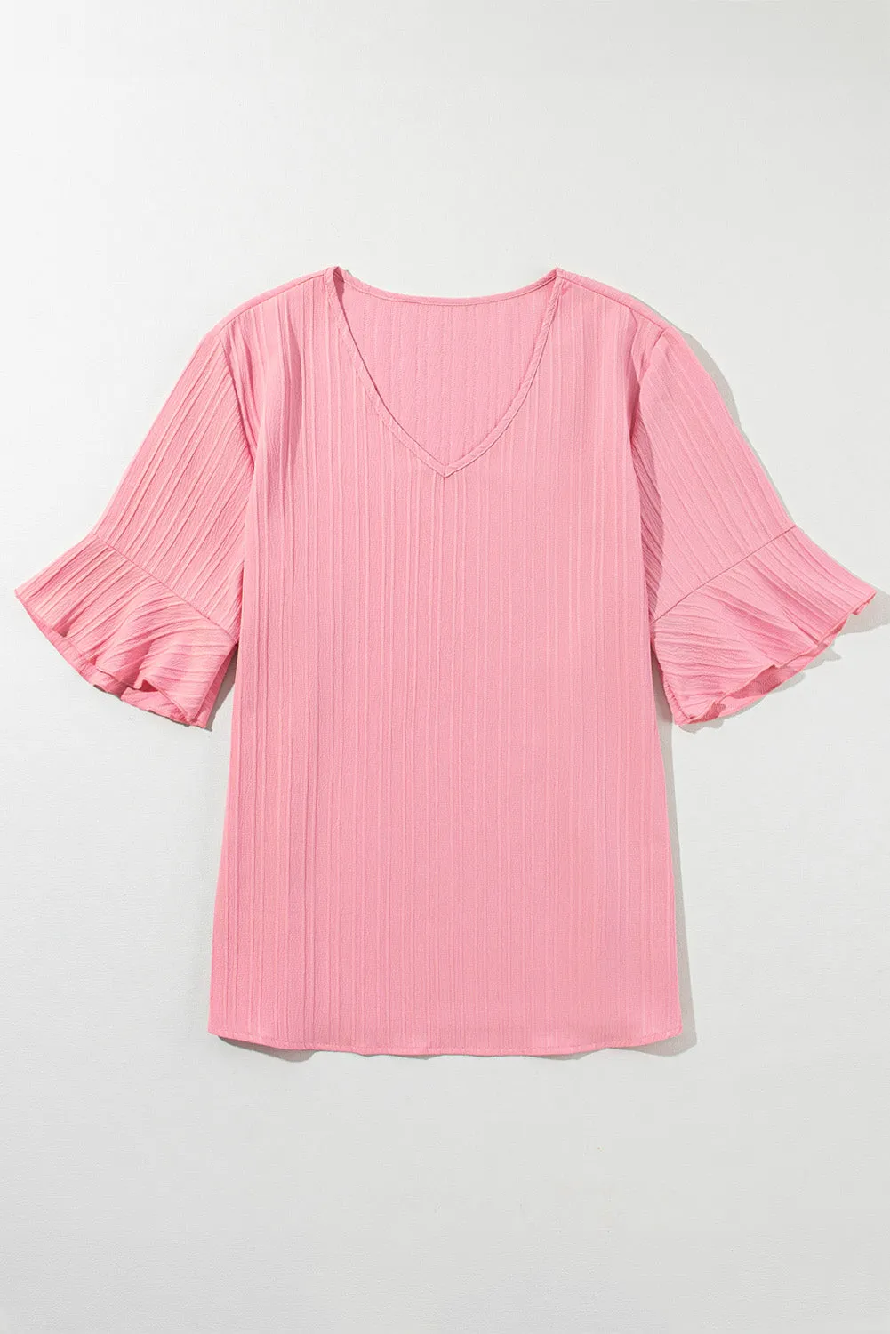 Peach Blossom Ruffled Half Sleeve V Neck Textured Plus Top