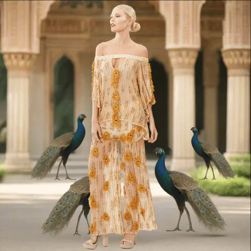 Peacock Inspired Off-Shoulder Beaded Top