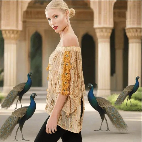 Peacock Inspired Off-Shoulder Beaded Top