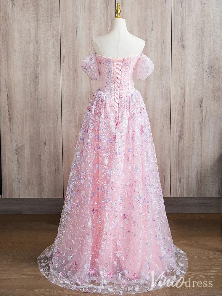 Pink Off the Shoulder Sweetheart Floral Prom Dresses Beaded Lace Sparkly Evening Dress AD1371