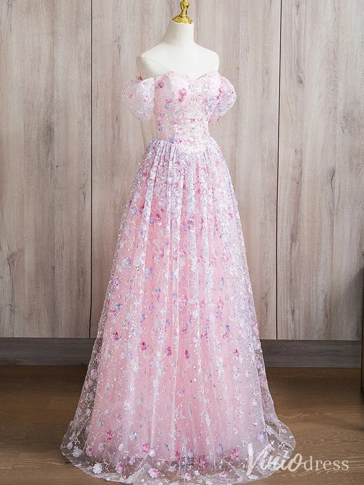 Pink Off the Shoulder Sweetheart Floral Prom Dresses Beaded Lace Sparkly Evening Dress AD1371