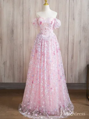 Pink Off the Shoulder Sweetheart Floral Prom Dresses Beaded Lace Sparkly Evening Dress AD1371