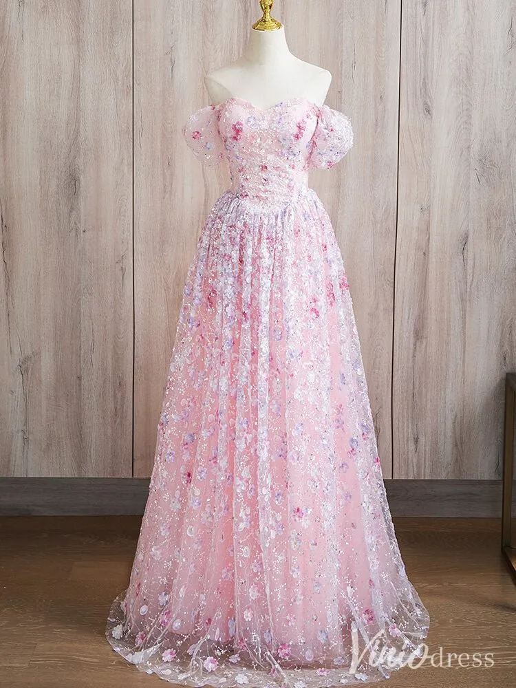 Pink Off the Shoulder Sweetheart Floral Prom Dresses Beaded Lace Sparkly Evening Dress AD1371