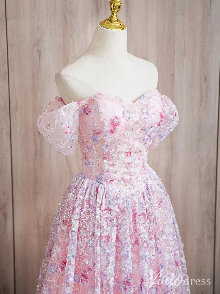 Pink Off the Shoulder Sweetheart Floral Prom Dresses Beaded Lace Sparkly Evening Dress AD1371